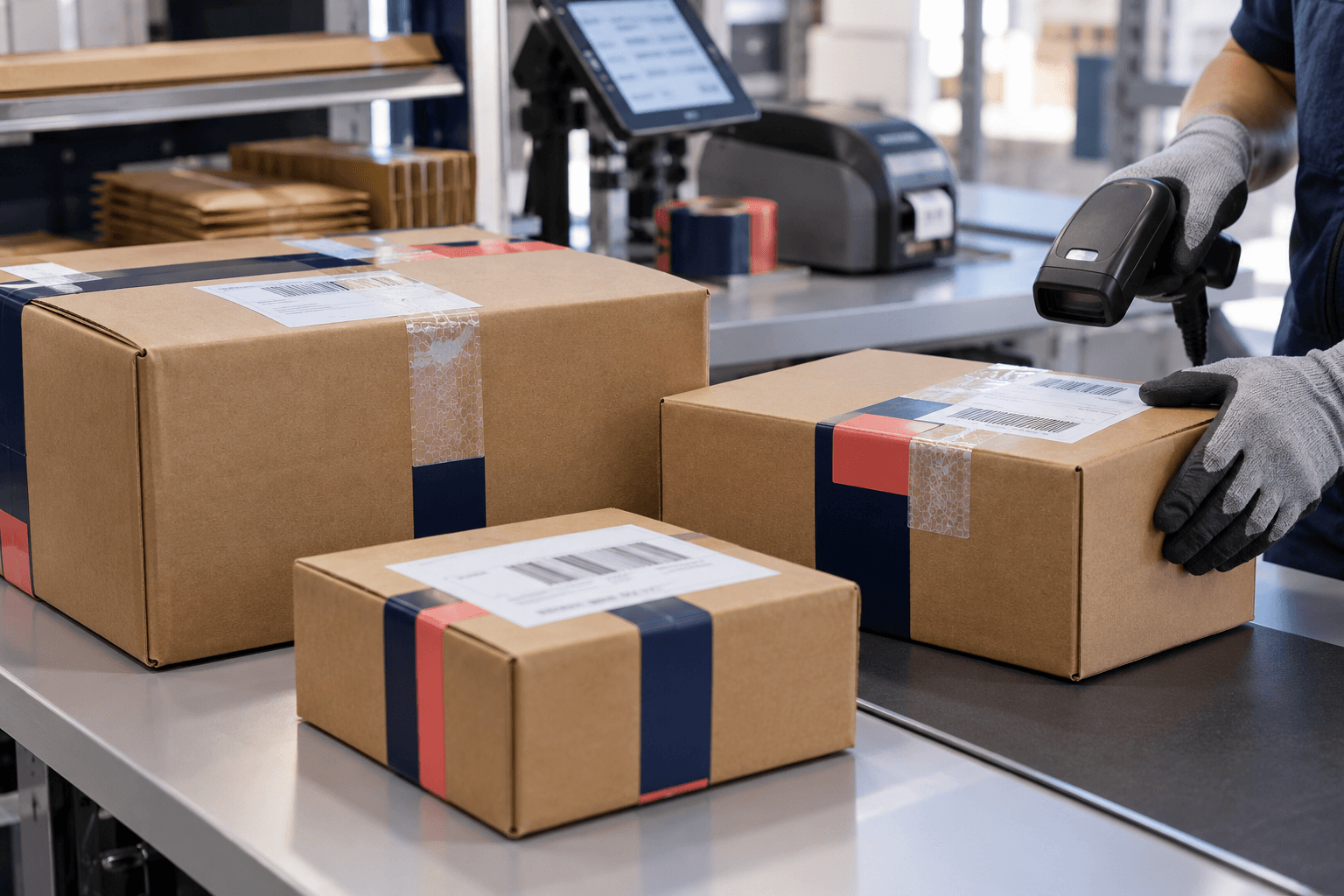 Secure parcels being scanned and prepared for shipment